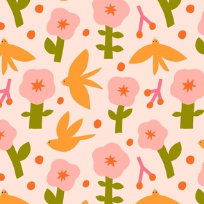Beautiful pattern with birds and flowers in yellow and pink colours