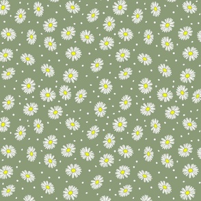 Daisy Dots Uplifting Summer Days in White Daises over Sage Green