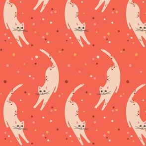 Happy Cream Kitty Cat on Red background with colorful polka dots