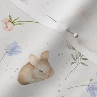 Light gray spring and summer dainty nursery flowers and baby animal sleeping in flower garden 