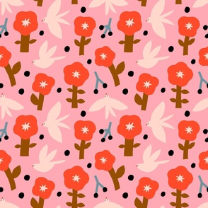 Beautiful floral pattern with birds in pink, red and brown colours - big scale