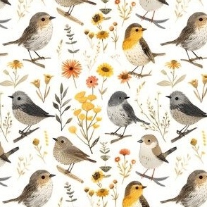 Birds & Flowers on White - small