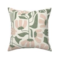 (L) Elegance Abstract Floral in Ecru/ Soft Pink/ Olive Green