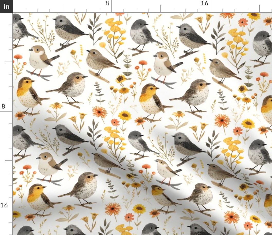 Birds & Flowers on White - medium
