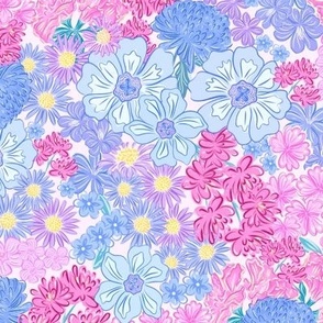 Colorful flowers, multicolored floral, dense floral, busy floral, pinks, lilacs and yellows, large scale