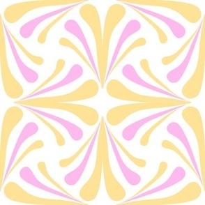 Retro geometric swirls in yellow and pink for quilts and home decor, large scale