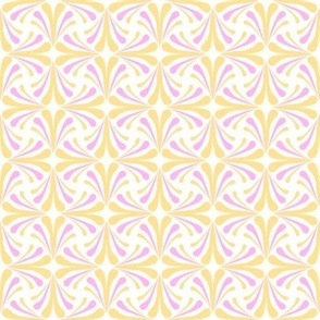 Retro geometric swirls in yellow and pink for quilts and home decor, small scale