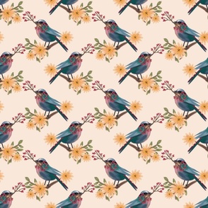 Teal, blue, pink and orange birds pattern with orange flowers on a beige background.
