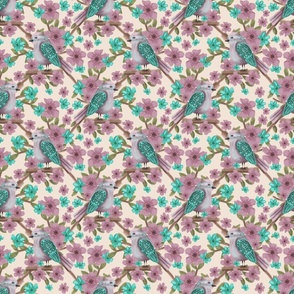 Pink and teal painterly bird sitting on a tree branch with lots of mauve and teal flowers - beige