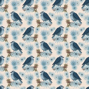 Little blue bird with blue flowers sitting on a branch on a beige color background