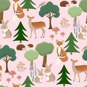 Woodland Animals - Pink - Small Scale - 6x6