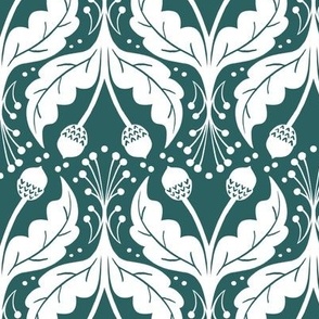 MEDIUM Hand-drawn Textured Organic Acorns and Leaves Green and White