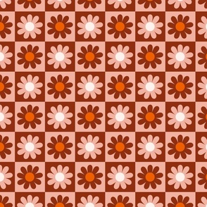 Checkered board with flowers - Coral, off white,  orange and burgundry
