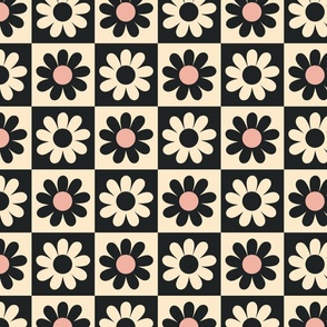 Checkered board with flowers - Cream, black and coral