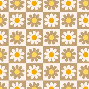 Checkered board with flowers - Off white,  orange, yellow and beige