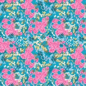 Pink and Turquoise Busy Floral  (Large Scale)(10.5"/12")