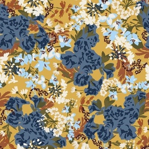 Gold and Blue Busy Floral  (Large Scale)(10.5"/12")