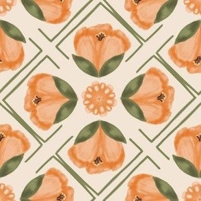 Peach flowers on a symmetrical diamond layout
