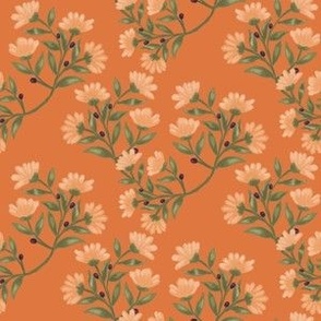 Peach orange flowers on an circular layout floral flower pattern on a deep orange background
