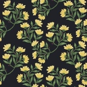 Yellow flowers on a circular layout floral flower pattern on a dark blue background