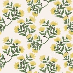 Yellow flowers on a circular layout floral flower pattern on a beige background