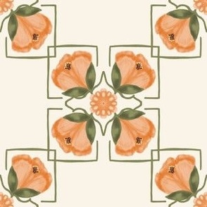 Peach flowers on a symmetrical square layout