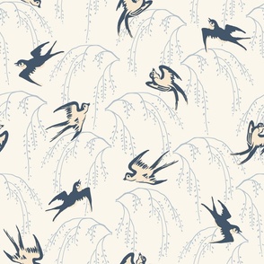 Large scale Dance of the Martins / birds flying on cherry trees in slate & gray