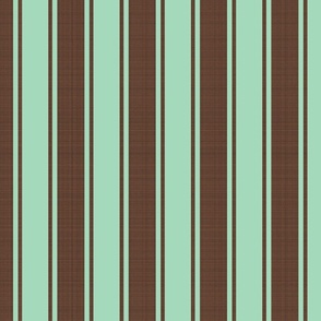 Large scale wide modern vertical ticking stripe in celadon teal and dark brown.