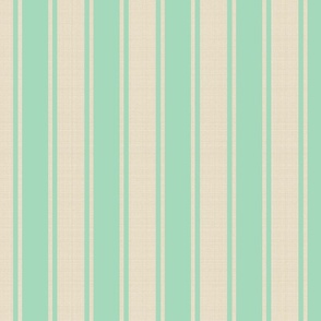 Large scale wide modern vertical ticking stripe in celadon teal and linen beige.