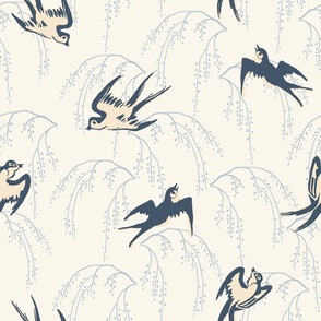 Jumbo Dance of the Martins / birds flying on cherry trees in slate & gray