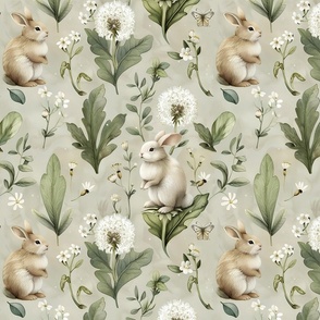 White Bunnies in Dandelions Garden Floral Soft Rabbits White Pastel Babies Room Girls Nursery Green  Beige