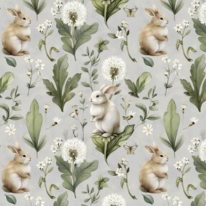 White Bunnies in Dandelions Garden Floral Soft Rabbits White Gray Pastel Babies Room Girls Nursery Green  Beige