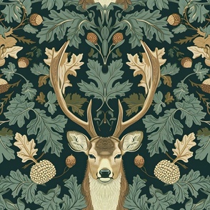 Stately Antler Damask - Sage on Black-Forest Wallpaper