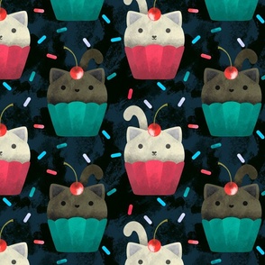 Cute Cat Cupcake Kitty Kawaii Aesthetic Pattern With Sprinkles And Cherries (Dark Background)