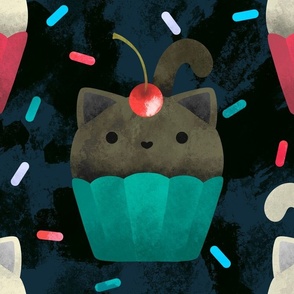 (Large Scale) Cute Cat Cupcake Kitty Kawaii Aesthetic Pattern With Sprinkles And Cherries (Dark Background)