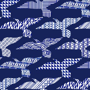 (L) Seagulls in Flight Tribal Patterns Classic Blue and White Beach Swimsuit 