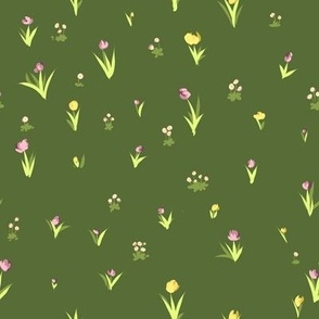 Tiny Tulips on Lush Dark Green Background