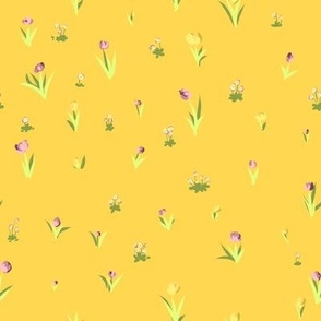 Tiny Tulips on Mustard Yellow Background