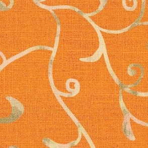 24” repeat large Whimsical scrolls of leaves and buds with faux woven burlap texture in orange peachy with cream and green