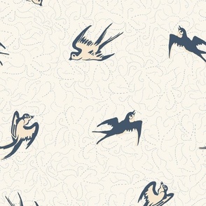 Jumbo Birds Flying in a white Sky with Swirly Clouds / slate, gray, cream