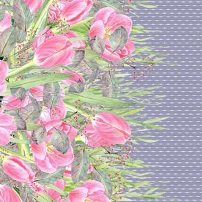 DOUBLE BORDER WATERCOLOR SPRING PINK TULIPS ON PERIWINKLE PURPLE FLWRHT