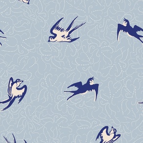 Jumbo Birds Flying in a gray Sky with Swirly Clouds / indigo, blue, cream