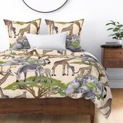 The Serengeti Collection - Wildlife Families -  Watercolor Toile Design with Pen & Ink on Beige (Large Format)