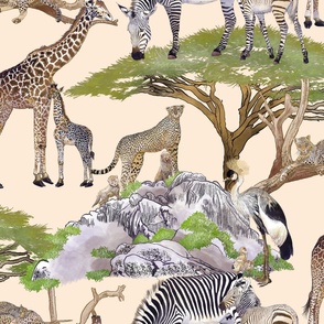 The Serengeti Collection - Wildlife Families -  Watercolor Toile Design with Pen & Ink on Beige (Large Format)