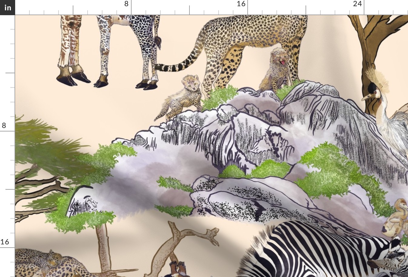 The Serengeti Collection - Wildlife Families -  Watercolor Toile Design with Pen & Ink on Beige (Large Format)