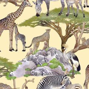The Serengeti Collection - Wildlife Families -  Watercolor Toile Design with Pen & Ink on Light Yellow (Large Format)