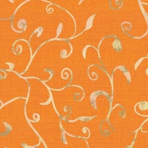 12” repeat medium Whimsical scrolls of leaves and buds with faux woven burlap texture in orange peachy with cream and green