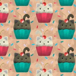 Cute Cat Cupcake Kitty Kawaii Aesthetic Pattern With Sprinkles And Cherries (Light Background)