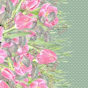 BORDER SPRING WATERCOLOR PINK TULIPS ON SAGE GREEN FLWRHT