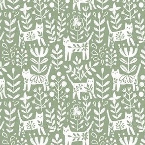 XS sage green white gouache cats